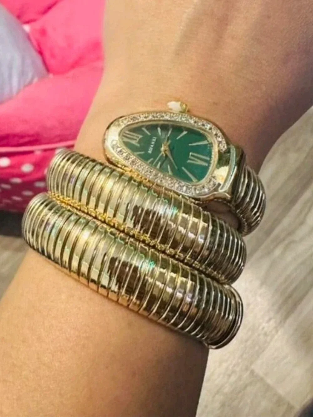 Snake Coil Wrap Watch Bracelet with Green Dial